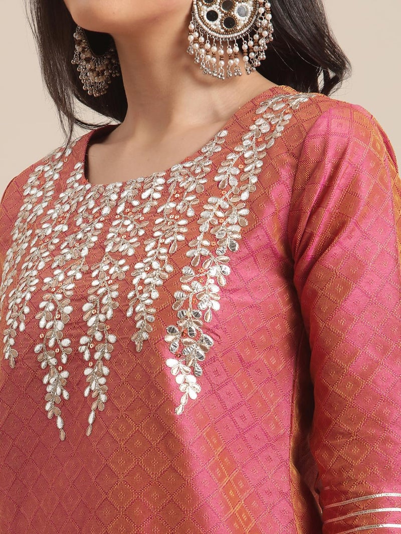 Varanga Women Coral Dual Tone Floral Gota Patti Embroidered Jacquard Kurta - Image 4