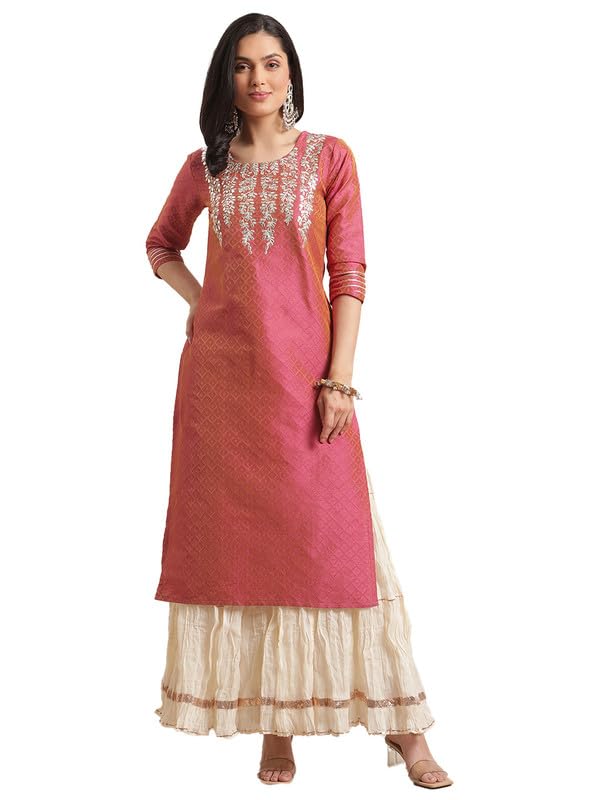 Varanga Women Coral Dual Tone Floral Gota Patti Embroidered Jacquard Kurta - Image 3