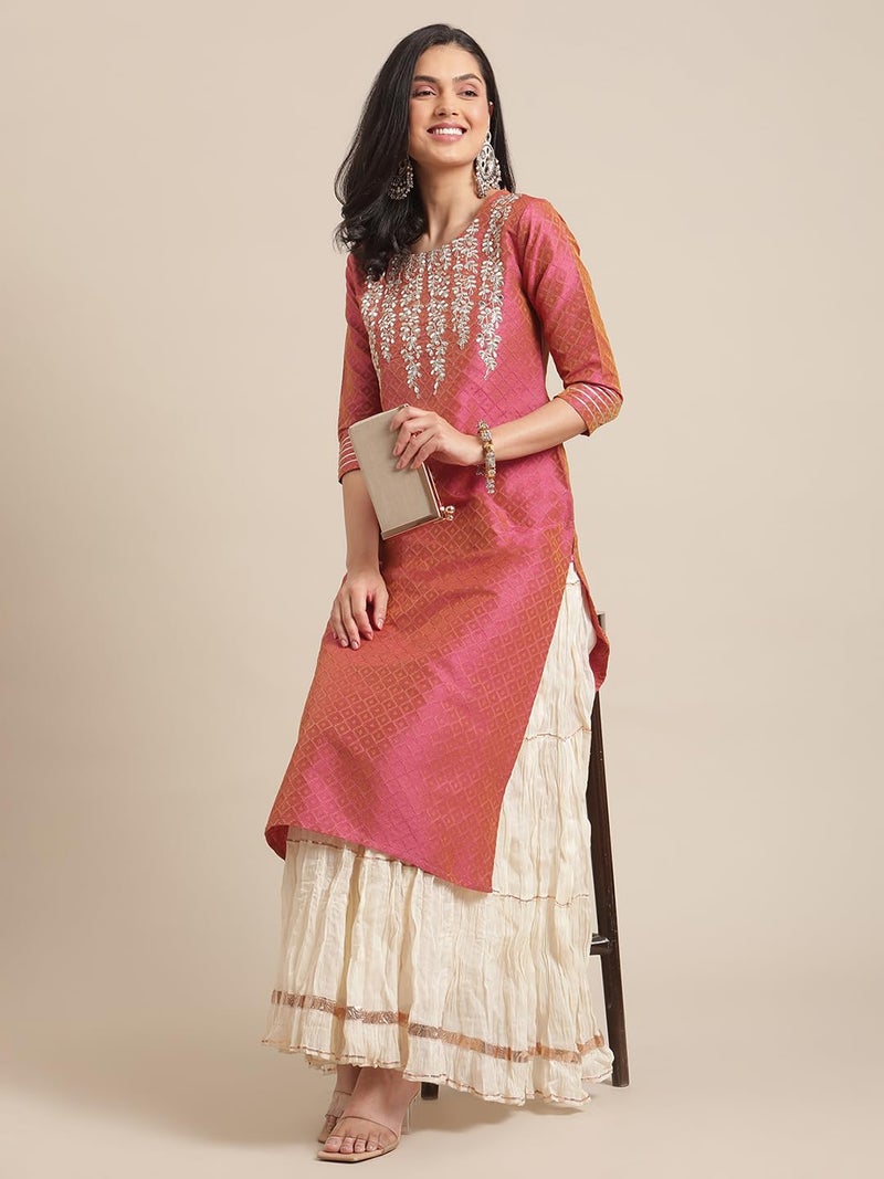 Varanga Women Coral Dual Tone Floral Gota Patti Embroidered Jacquard Kurta - Image 5