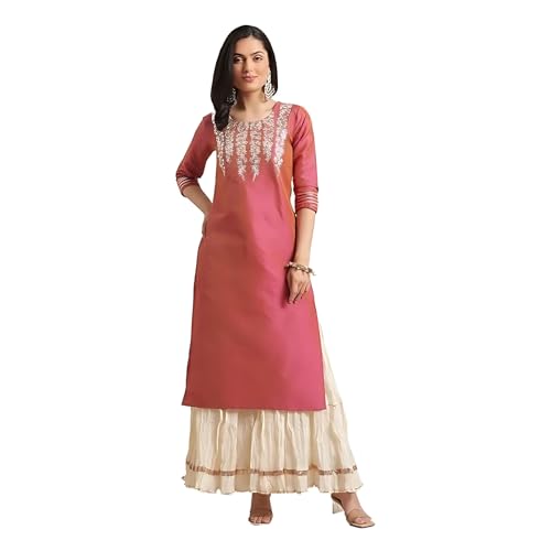 Varanga Women Coral Dual Tone Floral Gota Patti Embroidered Jacquard Kurta - Image 1
