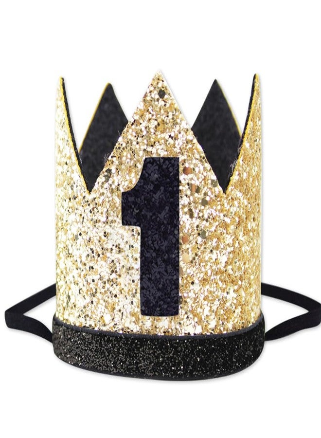 Eoopoon 1st Birthday Crown Hat for Baby, Glitter Crown for Party, Boy Girl First Birthday Hat, Black & Golden Decoration - Image 1