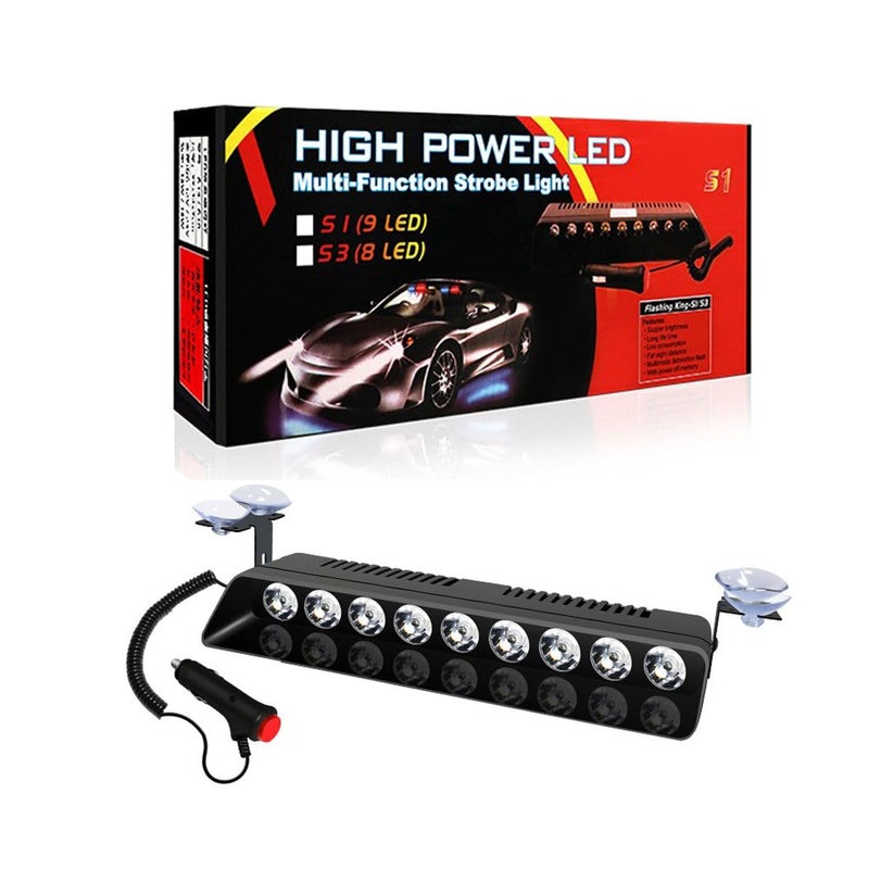 AutoBizarre 12V Car Dash Emergency Warning Strobe Red Blue Flasher Windshield Sucker LED light With Multiple Flashing Modes For All Cars, Emergency Vehicles, etc. (9 LED Red Blue White) - Image 1