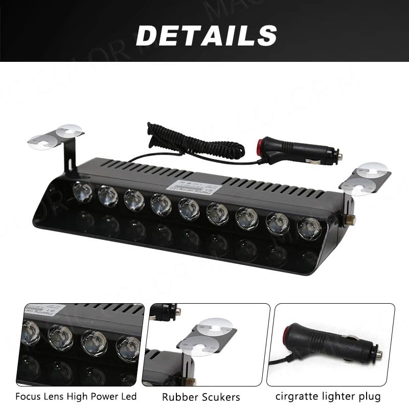 AutoBizarre 12V Car Dash Emergency Warning Strobe Red Blue Flasher Windshield Sucker LED light With Multiple Flashing Modes For All Cars, Emergency Vehicles, etc. (9 LED Red Blue White) - Image 4