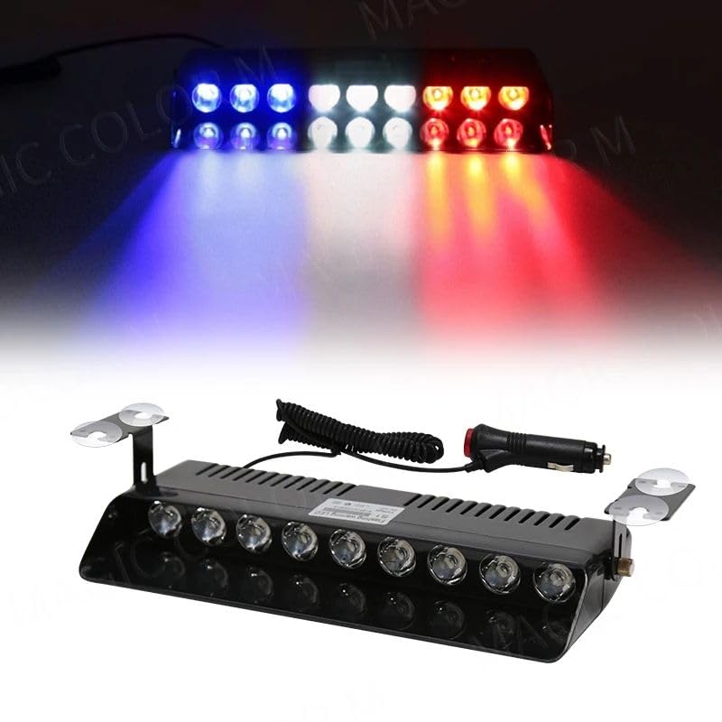AutoBizarre 12V Car Dash Emergency Warning Strobe Red Blue Flasher Windshield Sucker LED light With Multiple Flashing Modes For All Cars, Emergency Vehicles, etc. (9 LED Red Blue White) - Image 2