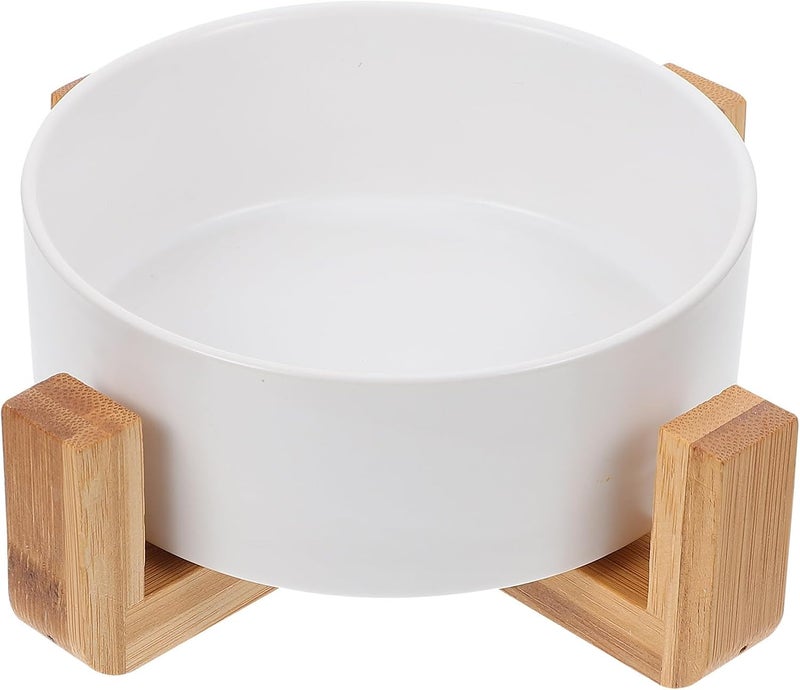 BESTYASH Ceramic Cat Bowl with Wood Elevated Stand, Small White Straight Edge Pet Feeder, High Feet Drinking and Feeding Bowl for Cats - Image 1