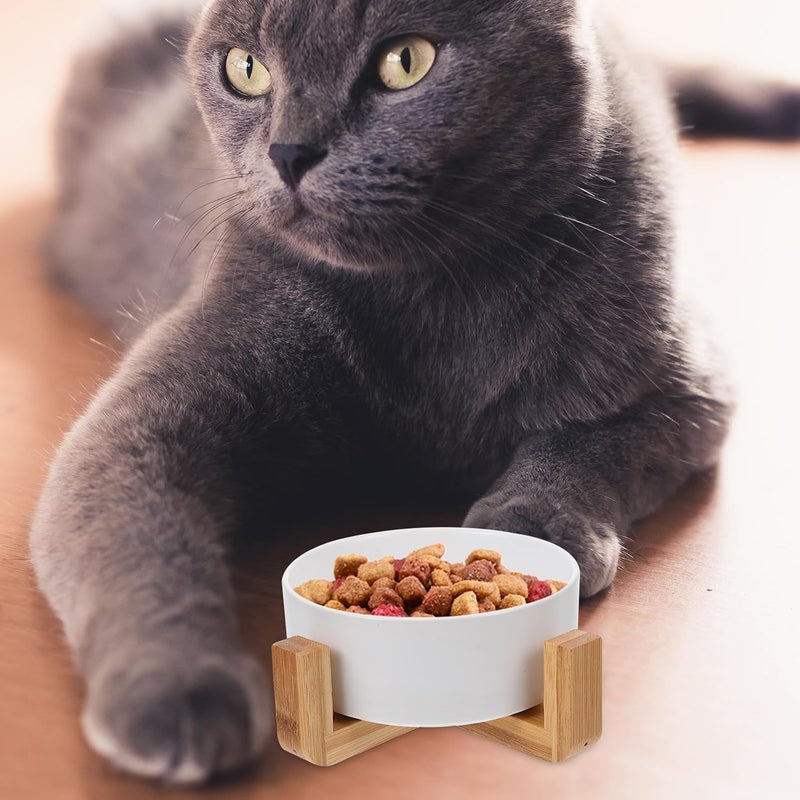 BESTYASH Ceramic Cat Bowl with Wood Elevated Stand, Small White Straight Edge Pet Feeder, High Feet Drinking and Feeding Bowl for Cats - Image 5