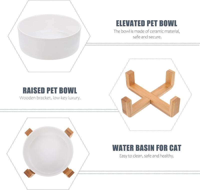 BESTYASH Ceramic Cat Bowl with Wood Elevated Stand, Small White Straight Edge Pet Feeder, High Feet Drinking and Feeding Bowl for Cats - Image 3
