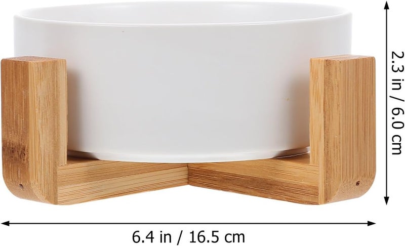 BESTYASH Ceramic Cat Bowl with Wood Elevated Stand, Small White Straight Edge Pet Feeder, High Feet Drinking and Feeding Bowl for Cats - Image 2