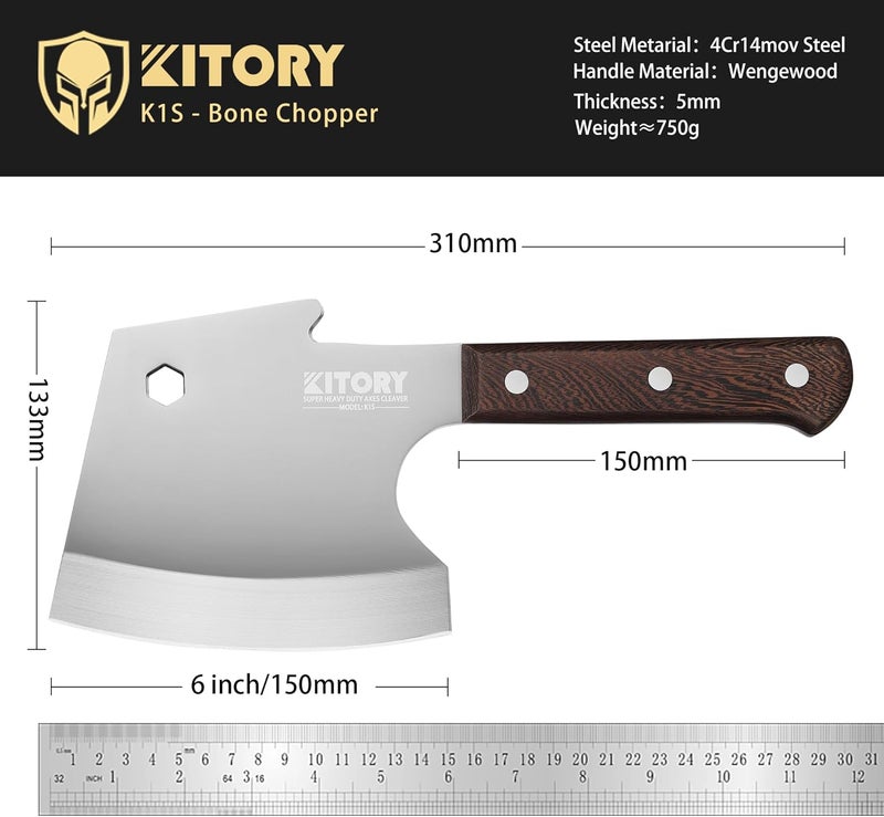Kitory Meat Cleaver, Heavy Duty Bone Chopper Cleaver Knife, Full -Tang Axes Shape Super thick Blade, Bone Breaker, Butcher’s Kitchen Knife for Meat Cutting, Black Wenge Wood Handle -2025 Gifts - Image 3