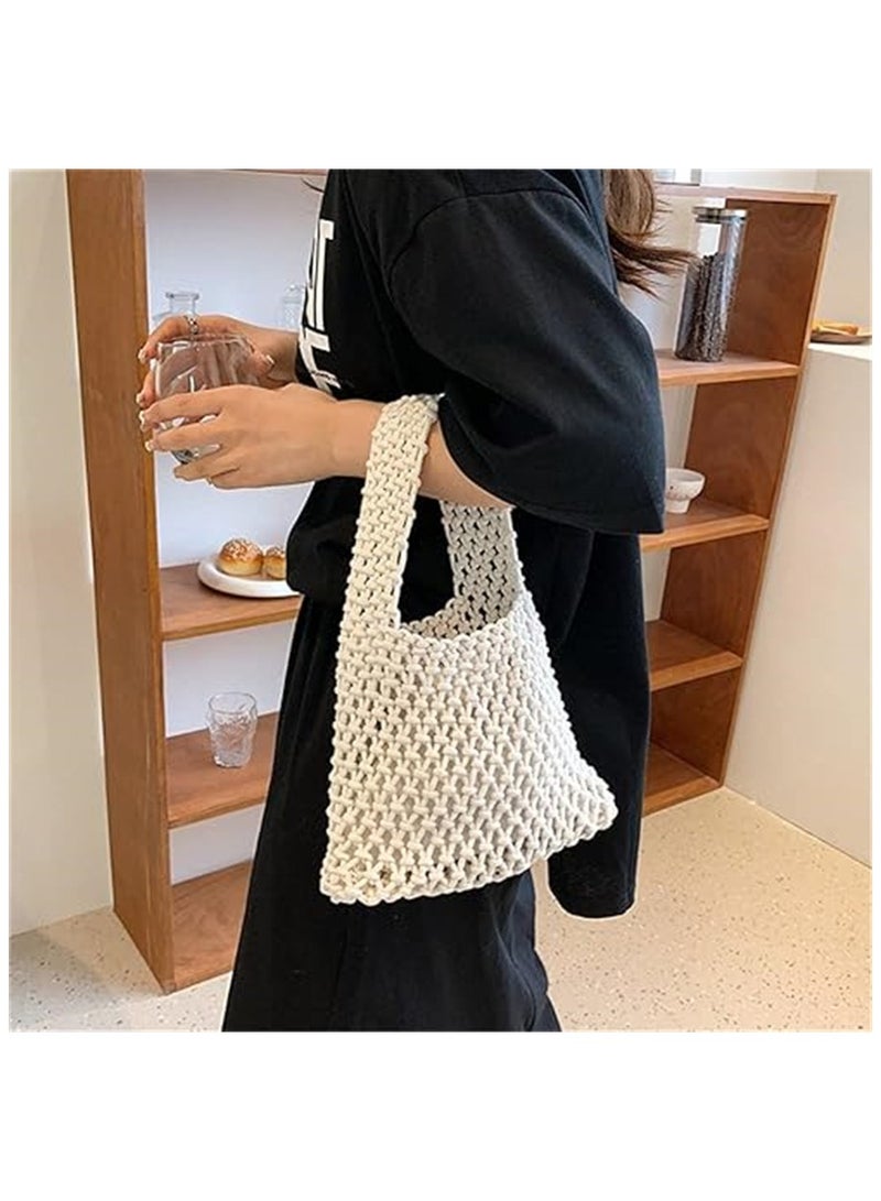 KASTWAVE Woven Tote Bag, Handmade Cotton Rope Hollow Woven Bag, Beach Handbag, Elegant Handcrafted Crochet Cotton Beach Tote Bag for Women - Stylish Drawstring Summer Purse(White) - Image 5