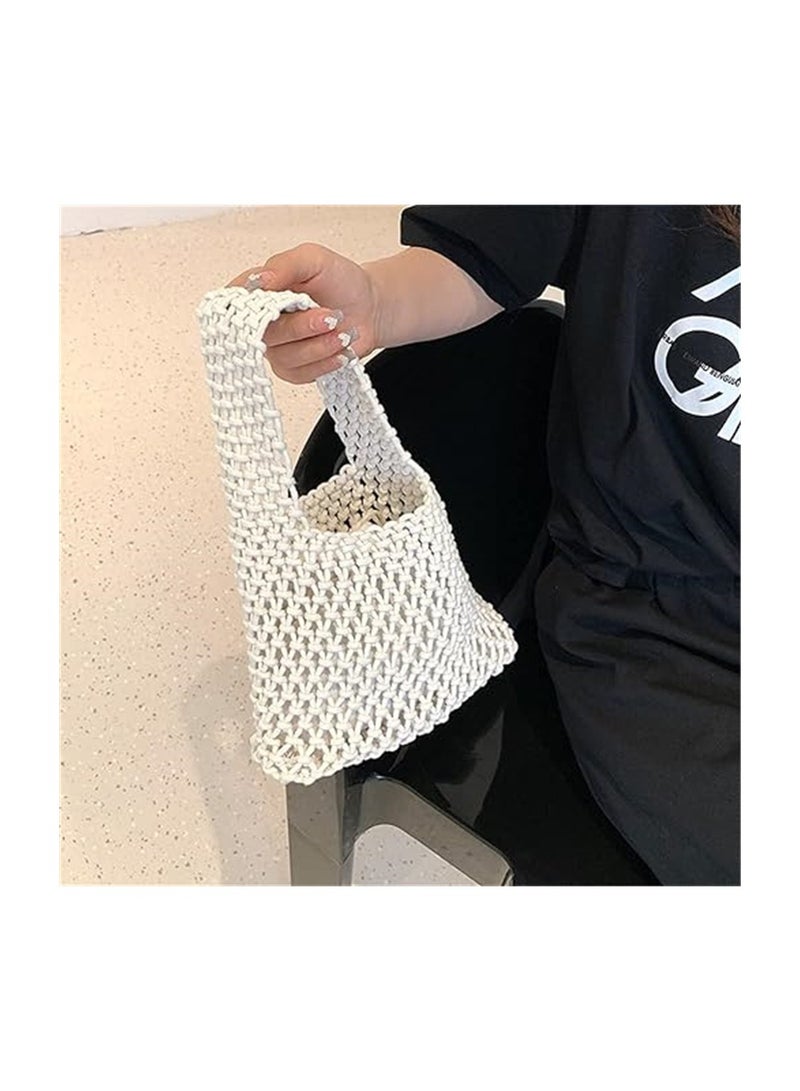 KASTWAVE Woven Tote Bag, Handmade Cotton Rope Hollow Woven Bag, Beach Handbag, Elegant Handcrafted Crochet Cotton Beach Tote Bag for Women - Stylish Drawstring Summer Purse(White) - Image 3