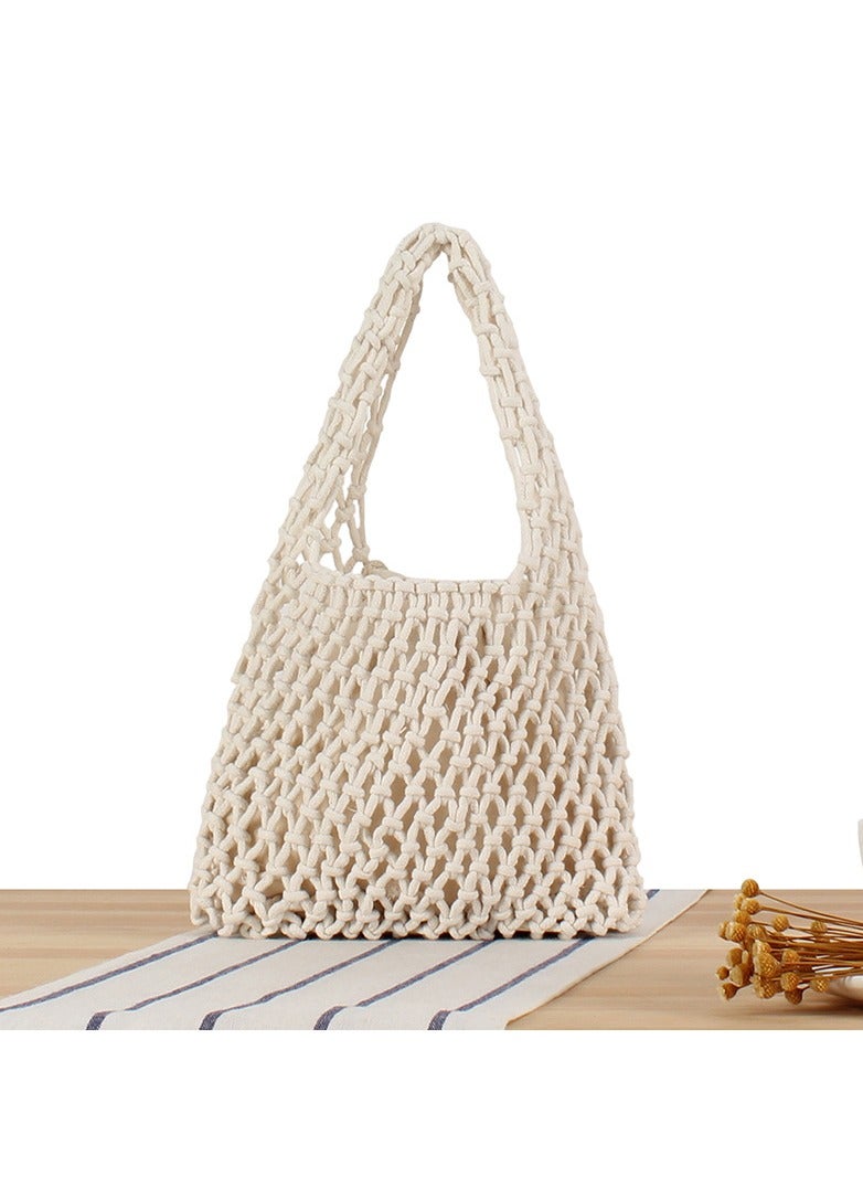 KASTWAVE Woven Tote Bag, Handmade Cotton Rope Hollow Woven Bag, Beach Handbag, Elegant Handcrafted Crochet Cotton Beach Tote Bag for Women - Stylish Drawstring Summer Purse(White) - Image 1
