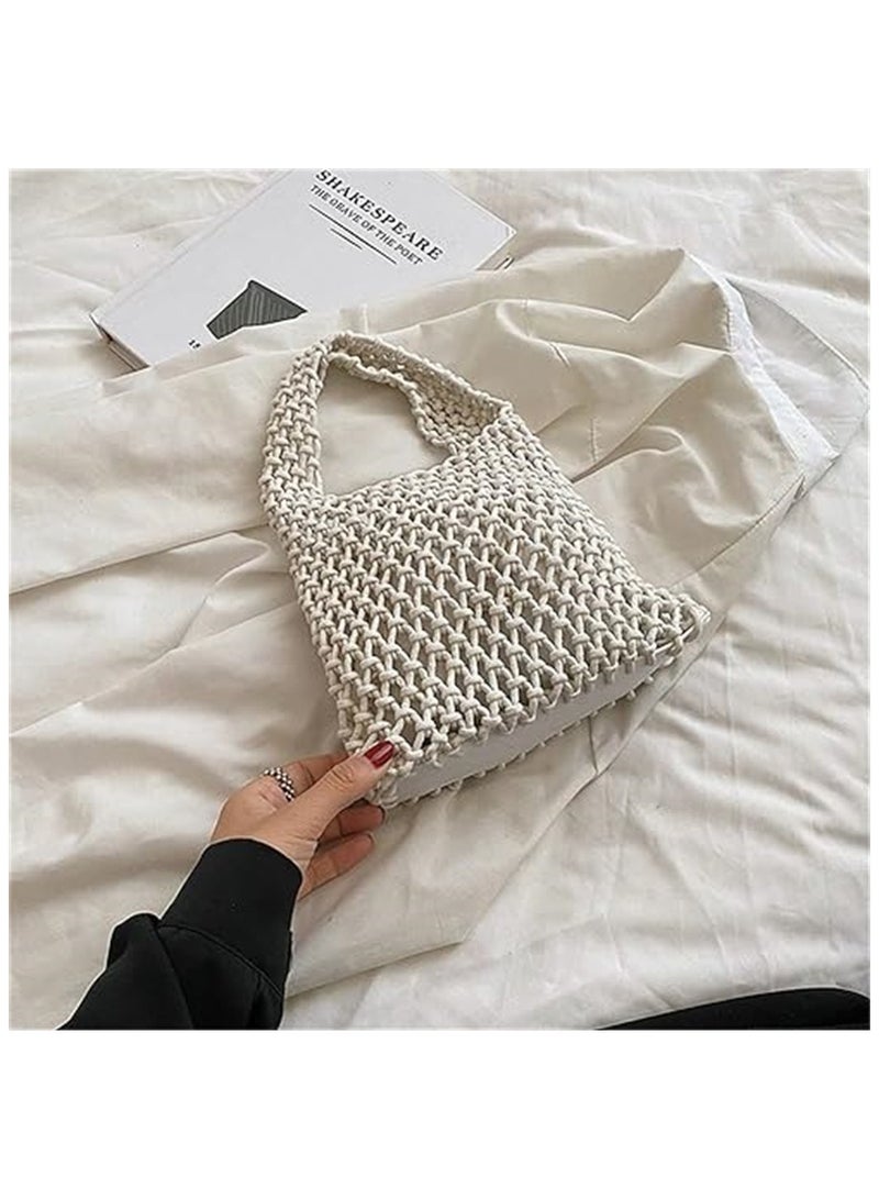 KASTWAVE Woven Tote Bag, Handmade Cotton Rope Hollow Woven Bag, Beach Handbag, Elegant Handcrafted Crochet Cotton Beach Tote Bag for Women - Stylish Drawstring Summer Purse(White) - Image 2