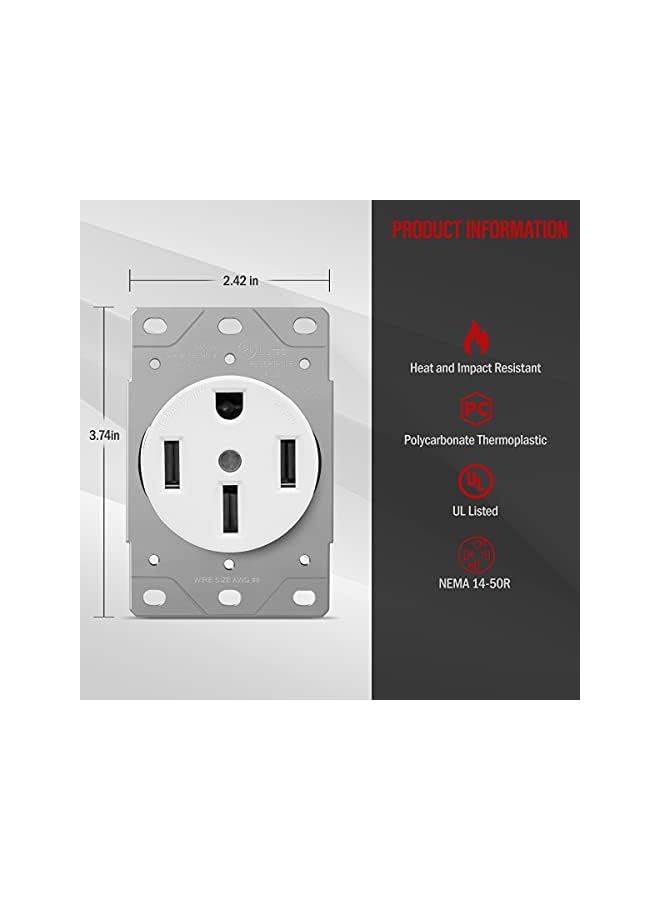 promass 50 Amp Range Receptacle Outlet for RV and Electric Vehicles, NEMA 14-50R, 3-Pole, 4 Wire (10, 8, 6, 4 AWG Copper Only), 125/250V, 66500-W, White, 1 Pack - Image 2
