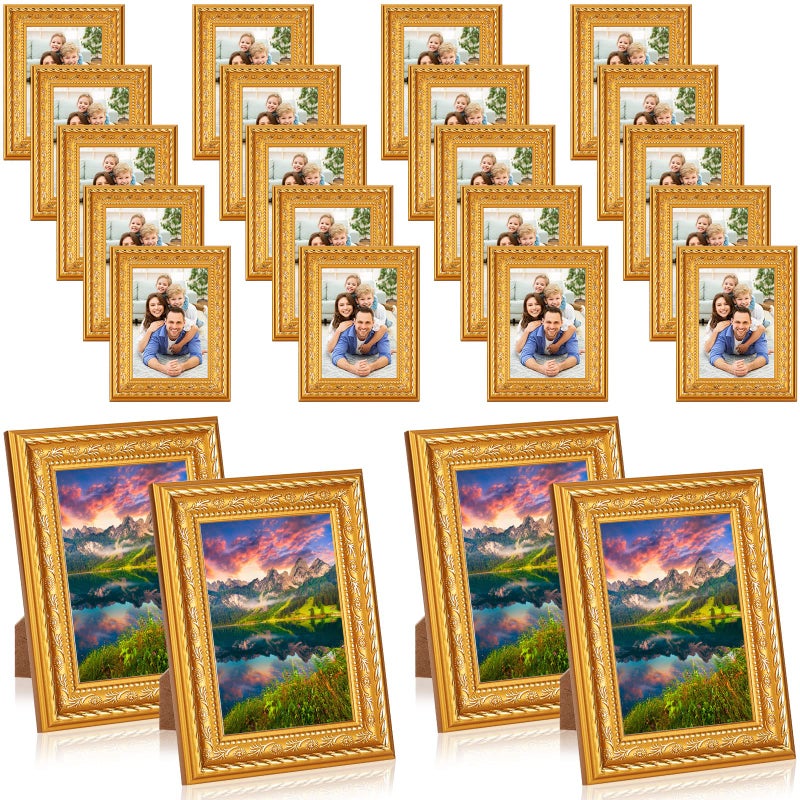 Remerry 24 Pcs Small Gold Vintage Picture Frames Bulk Mini Gold Plastic Retro Picture Frames Display 3.5x5 Photo with Mat Tiny Ornate for Place Card Holder Tabletop Display Home Wedding Decor - Image 1