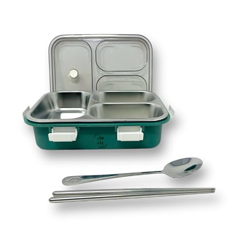 Kitchen Bloom Stainless Steel Lunch Box 3 Compartment with Steel Cutlery, Heating Insulation | Lunch Boxes for offie Men | Lunch Box for Office Women & Kids | Tiffin Box (750 ml) (Dark Green) - Image 1