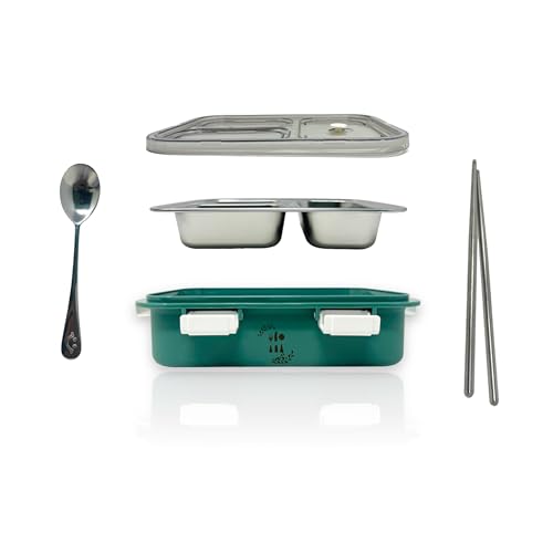 Kitchen Bloom Stainless Steel Lunch Box 3 Compartment with Steel Cutlery, Heating Insulation | Lunch Boxes for offie Men | Lunch Box for Office Women & Kids | Tiffin Box (750 ml) (Dark Green) - Image 4