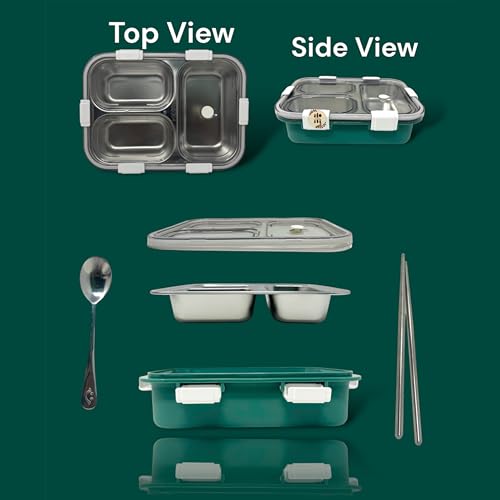 Kitchen Bloom Stainless Steel Lunch Box 3 Compartment with Steel Cutlery, Heating Insulation | Lunch Boxes for offie Men | Lunch Box for Office Women & Kids | Tiffin Box (750 ml) (Dark Green) - Image 5
