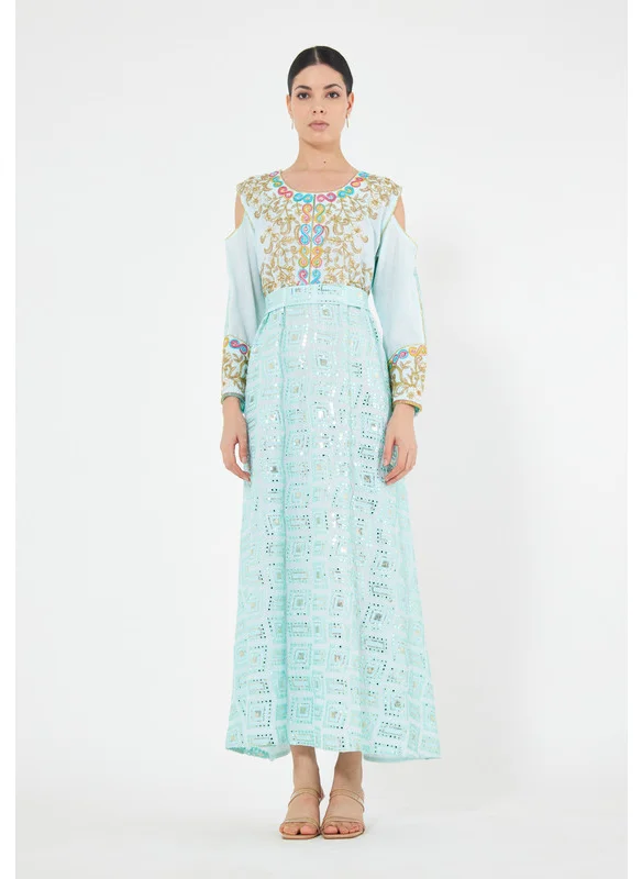 Thouq Cold Shoulder Cutout Embroidered Jalabiya