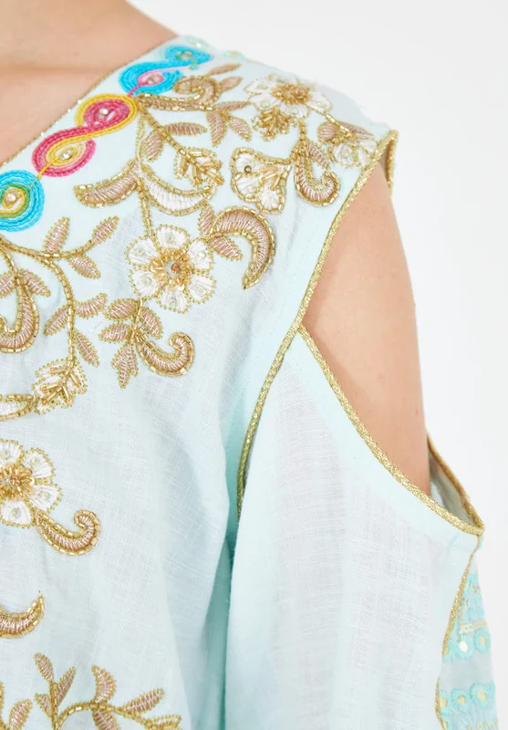 Thouq Cold Shoulder Cutout Embroidered Jalabiya