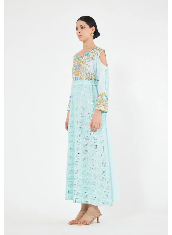 Thouq Cold Shoulder Cutout Embroidered Jalabiya