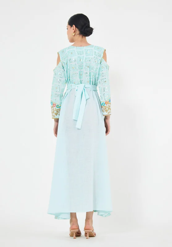 Thouq Cold Shoulder Cutout Embroidered Jalabiya