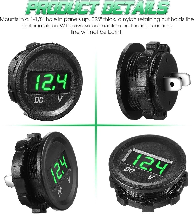 BBTO 2 Pieces DC 12V Car Voltage Gauge LED Display Waterproof Voltmeter Digital Round Panel Voltmeter Compatible with Vehicle Motorcycle Truck Camper ATV UTV Car Boat Marine (Green Digital) - Image 3