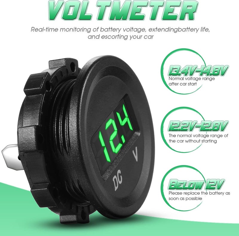 BBTO 2 Pieces DC 12V Car Voltage Gauge LED Display Waterproof Voltmeter Digital Round Panel Voltmeter Compatible with Vehicle Motorcycle Truck Camper ATV UTV Car Boat Marine (Green Digital) - Image 4