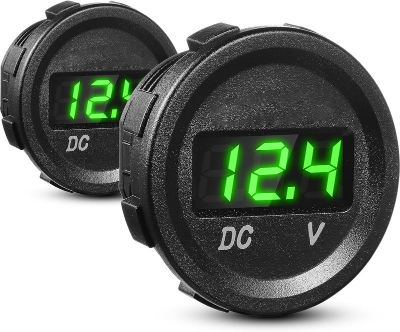BBTO 2 Pieces DC 12V Car Voltage Gauge LED Display Waterproof Voltmeter Digital Round Panel Voltmeter Compatible with Vehicle Motorcycle Truck Camper ATV UTV Car Boat Marine (Green Digital) - Image 1