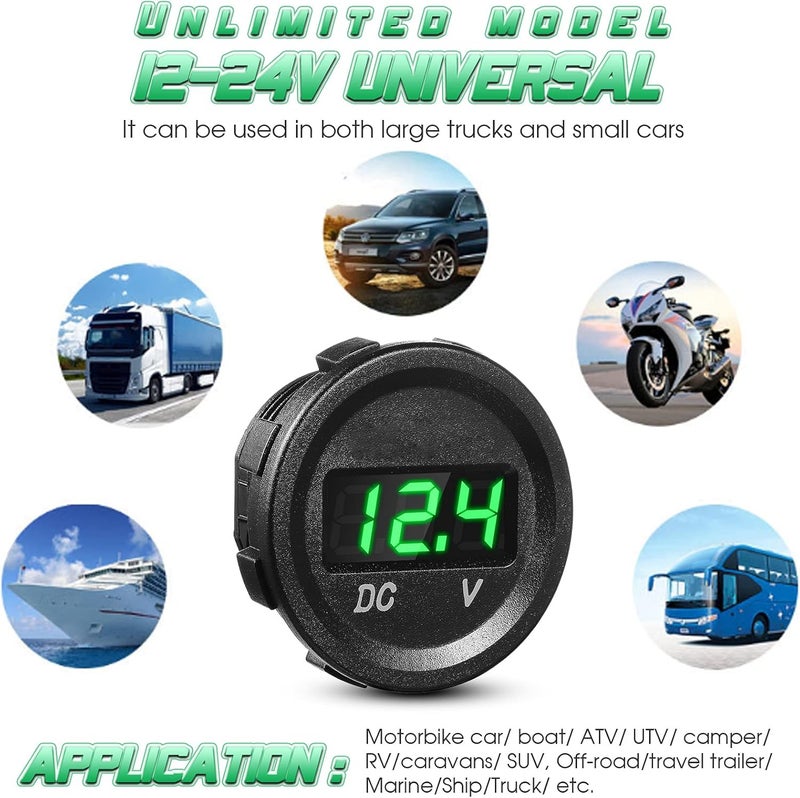 BBTO 2 Pieces DC 12V Car Voltage Gauge LED Display Waterproof Voltmeter Digital Round Panel Voltmeter Compatible with Vehicle Motorcycle Truck Camper ATV UTV Car Boat Marine (Green Digital) - Image 5