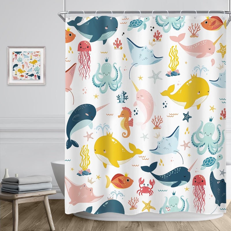 Riyidecor Funny Whale Kids Shower Curtain 60Wx72H Inch Cartoon Dolphin Curtains Cute Sea Marine Animal Ocean Fish Undersea Sealife for Boy Girl Bathroom Decor Fabric Polyester Waterproof 12 Pack Hooks - Image 3