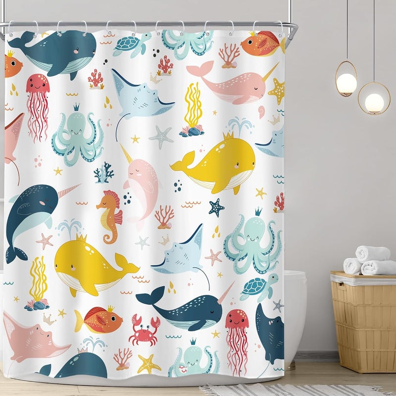 Riyidecor Funny Whale Kids Shower Curtain 60Wx72H Inch Cartoon Dolphin Curtains Cute Sea Marine Animal Ocean Fish Undersea Sealife for Boy Girl Bathroom Decor Fabric Polyester Waterproof 12 Pack Hooks - Image 2