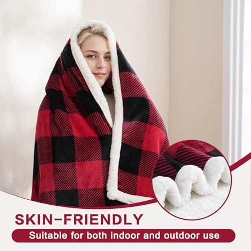 PU MEI Sherpa Fleece Throw Blanket 80" x 90" Reversible Plush Fluffy Large Big Blanket Lattice Flannel Blankets for All Season Use, Red and Black - Image 3