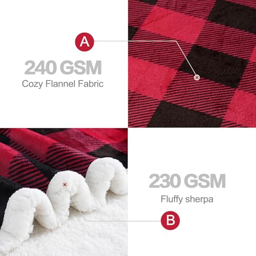 PU MEI Sherpa Fleece Throw Blanket 80" x 90" Reversible Plush Fluffy Large Big Blanket Lattice Flannel Blankets for All Season Use, Red and Black - Image 5