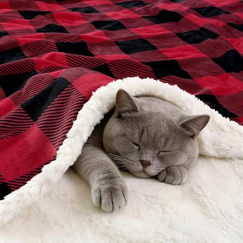 PU MEI Sherpa Fleece Throw Blanket 80" x 90" Reversible Plush Fluffy Large Big Blanket Lattice Flannel Blankets for All Season Use, Red and Black - Image 4