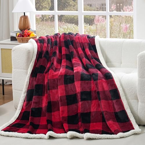 PU MEI Sherpa Fleece Throw Blanket 80" x 90" Reversible Plush Fluffy Large Big Blanket Lattice Flannel Blankets for All Season Use, Red and Black - Image 1