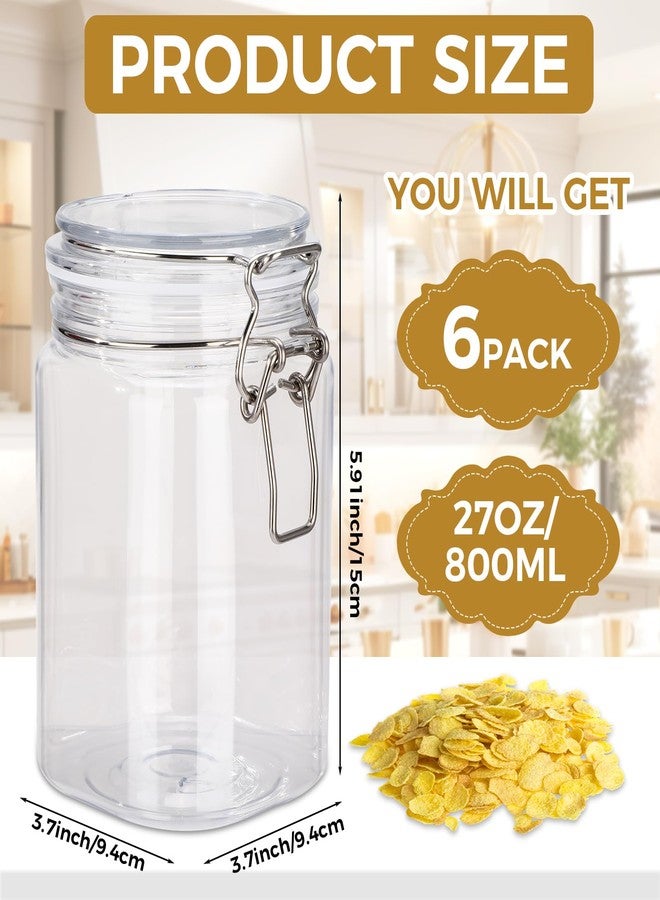 Suclain 6 Pcs Airtight Plastic Jars with Lids 27 Oz Square Food Storage Containers Wide Mouth Storage Jar with Airtight Hinged Lids Metal Seal Wire Clip Fastening for Kitchen Canning Cereal Pasta - Image 2
