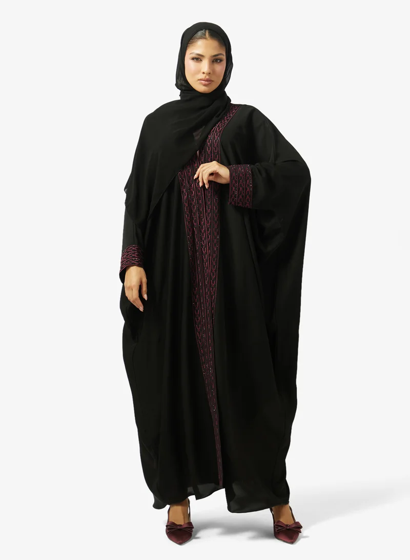 Embellished And Embroidered Open Front V Neck Abaya