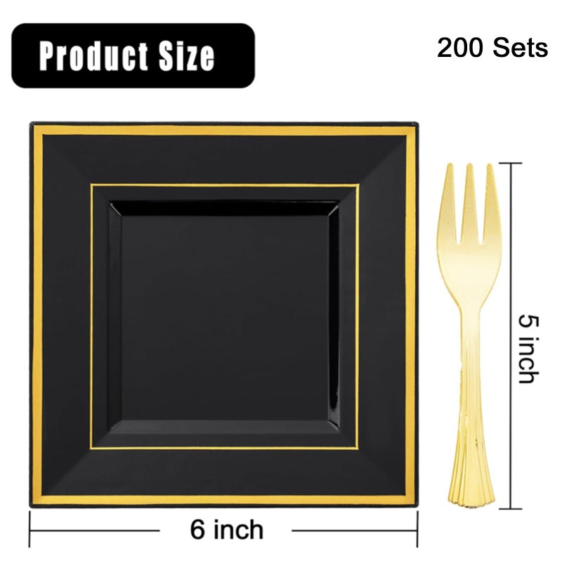 WDF 200PCS Black and Gold Plastic Dessert Plates with Plastic Forks -6â€™â€™ 100 Square Disposable Appetizer Plates Small Plate Cake Plate with Gold Rim for Graduation Wedding Party Birthday - Image 3
