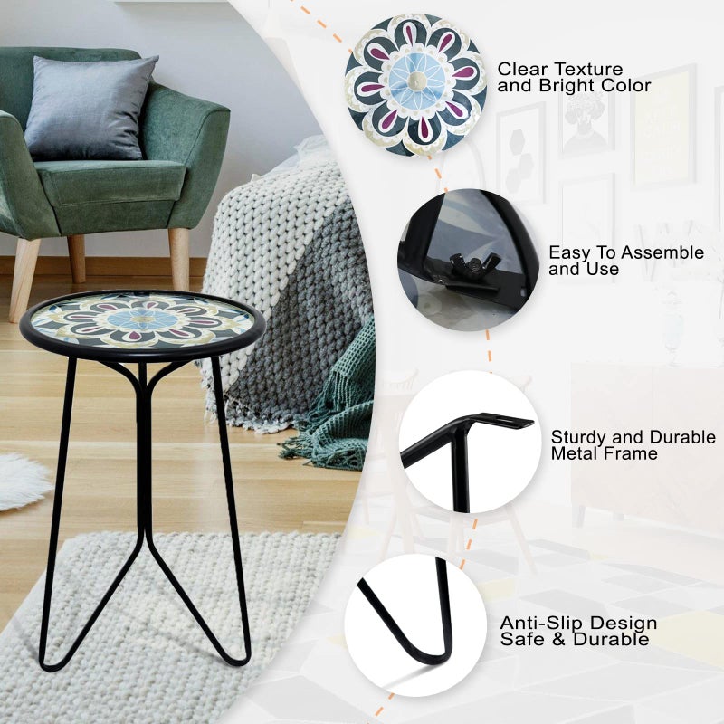 LIFFY Outdoor Side Table,12" Indoor Small Round Glass Tabletop Accent Table with Metal Frame, Home Decorative Plant Stand & End Table Outside for Patio, Garden, Yard, Kitchen, Porch - Image 3
