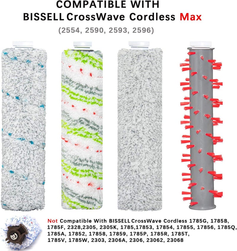 LBLVBNEWD مجموعة بديلة لأسطوانة الفرشاة والمرشح SKROS 2554A المتوافقة مع مكنسة Bissell CrossWave Cordless Max 2554A، 2590، 2593، و 2596 المكنسة الكهربائية متعددة الوظائف للتنظيف الجاف والرطب (4 عبوات من فرش التنظيف + 3 مرشحات) - Image 3