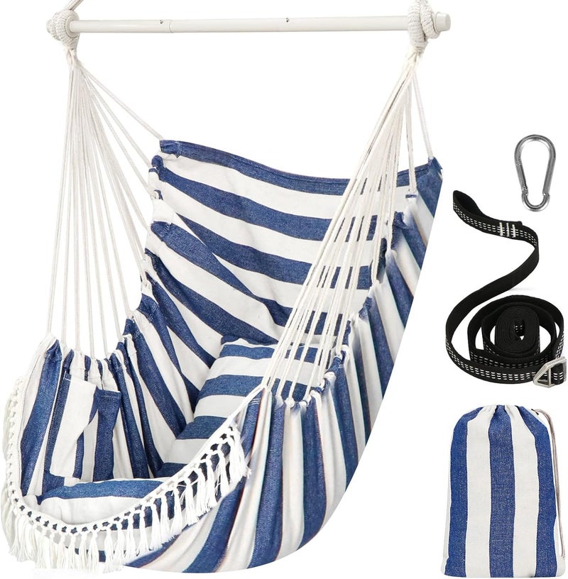 Chihee Hammock Chair Hanging Swing Max 500 Lbs 2 Cushions Included Metal Spreader Bar with Anti-Slip Grooves Portable Hanging Chair Side Pocket Large Macrame Bohemian Chair Indoor Outdoor - Image 1