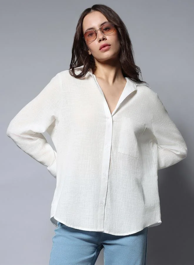 HIGH STAR Women'S White 100% Cotton Solid Pattern Button Down Shirt