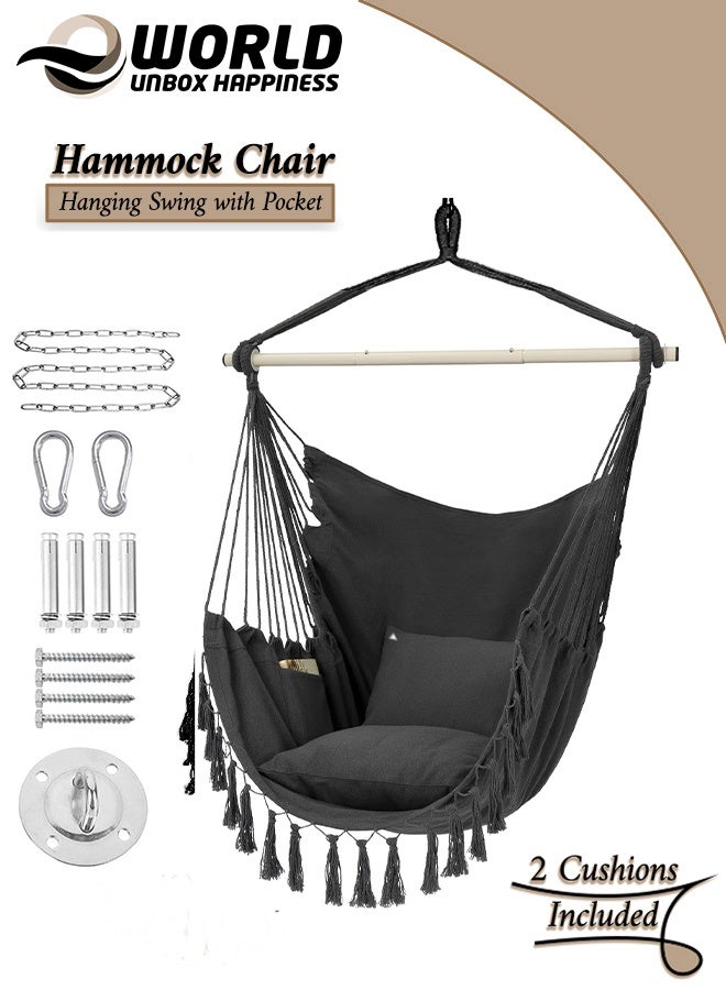 إي وورلد كرسي شبكة الهاموك المعلق، مرفوع بحبل الأرجوحة، نسيج قطني عالي الجودة، تصميم ماكرامي كبير مع جيب و2 وسادة، يتحمل حتى 330 رطلاً. ميزات سهولة التنقل، مثالي للشرفة، التراس، الفناء الخلفي. - Image 1