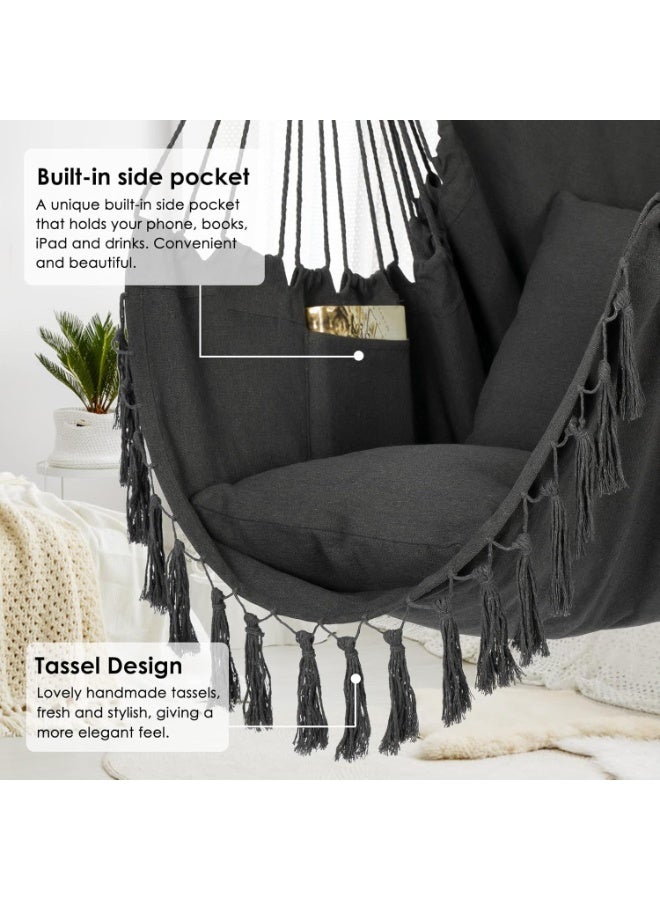 إي وورلد كرسي شبكة الهاموك المعلق، مرفوع بحبل الأرجوحة، نسيج قطني عالي الجودة، تصميم ماكرامي كبير مع جيب و2 وسادة، يتحمل حتى 330 رطلاً. ميزات سهولة التنقل، مثالي للشرفة، التراس، الفناء الخلفي. - Image 5