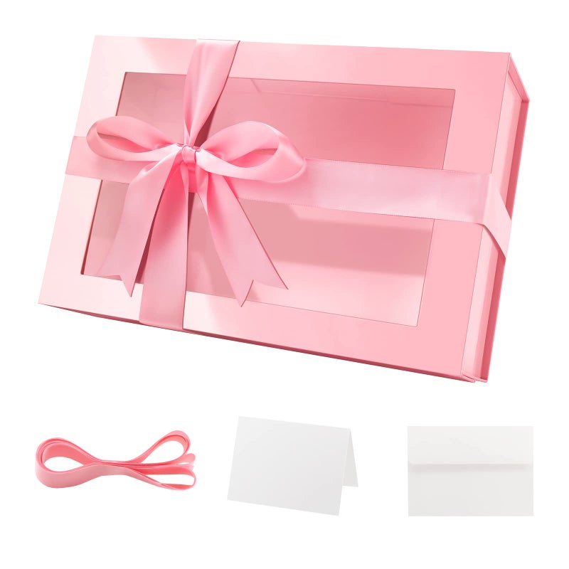 PACKQUEEN Large Pink Gift Box with Window 135x9x41 Inches Clear Mothers Day Gift Box for Present Contains Ribbon Card Bridesmaid Proposal Box with Magnetic Lid Glossy Pink