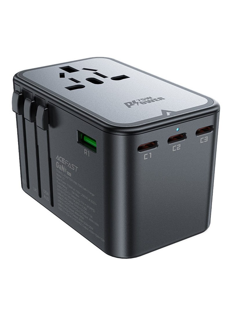 ACEFAST Travel Plug Adapter Universal Plug + 5 Fast Ports 2300W PD 75W GaN Supports Most Fast Charging Protocols (Black) - Image 1