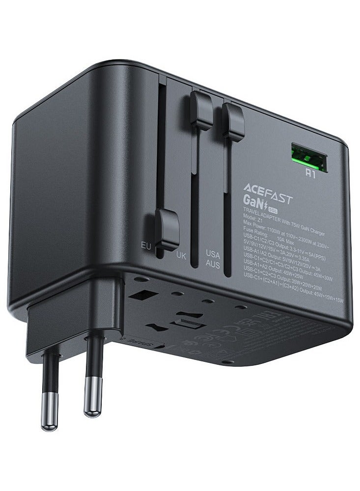 ACEFAST Travel Plug Adapter Universal Plug + 5 Fast Ports 2300W PD 75W GaN Supports Most Fast Charging Protocols (Black) - Image 2