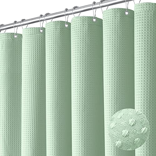 Dynamene Mint Green Fabric Shower Curtain - Waffle Weave Textured Heavy Duty Cloth Shower Curtains for Bathroom, 256GSM Hotel Luxury Weighted Bath Curtain Set with 12 Hooks,72x72, Mint Green - Image 1
