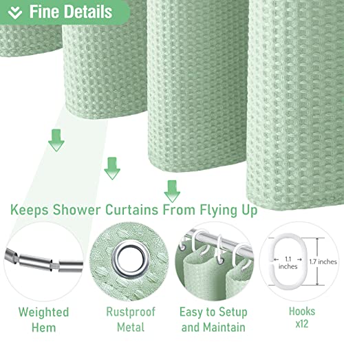Dynamene Mint Green Fabric Shower Curtain - Waffle Weave Textured Heavy Duty Cloth Shower Curtains for Bathroom, 256GSM Hotel Luxury Weighted Bath Curtain Set with 12 Hooks,72x72, Mint Green - Image 5